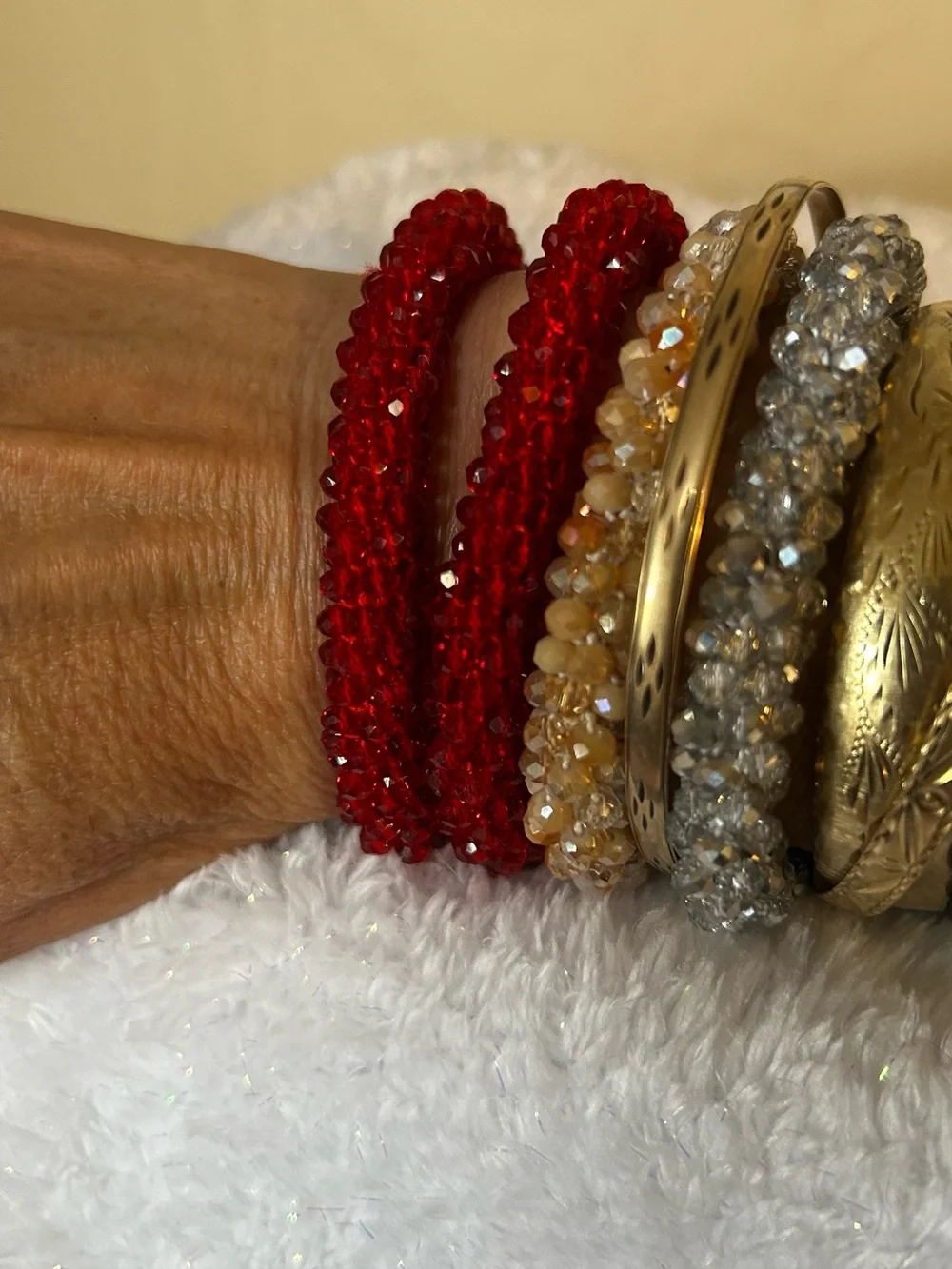 Sparkling Multi-Stack Crystal Stretch Bracelets - Red, Gold, Silver